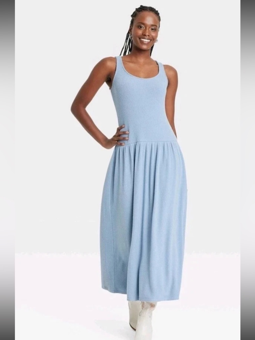 Universal Thread Women's Drop Waist Knit Midi Slip Dress XS Blue Ribbed New